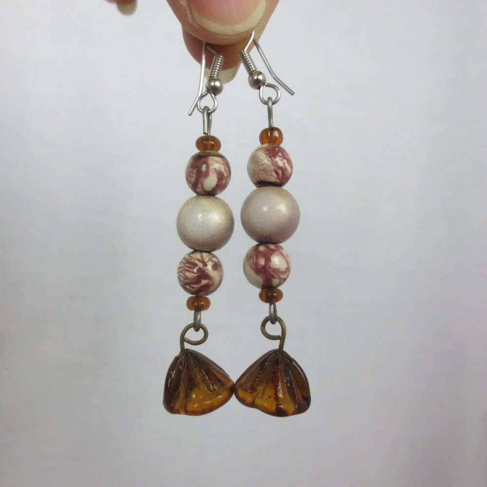 Pink Brown Lustrous White Floral Dangle Earrings